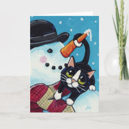 タキシードの猫および紳士の雪だるまのクリスマスカード シーズンカード