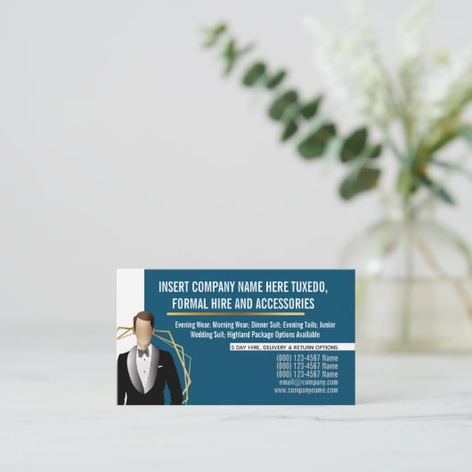 タキシードの男性モダン金ゴールドブラックスーツにDIYブルーを採用 名刺 (スタンド正面)