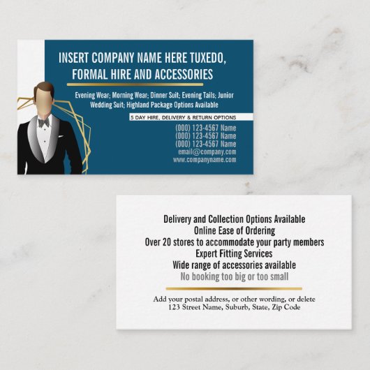 タキシードの男性モダン金ゴールドブラックスーツにDIYブルーを採用 名刺 (正面/裏面)