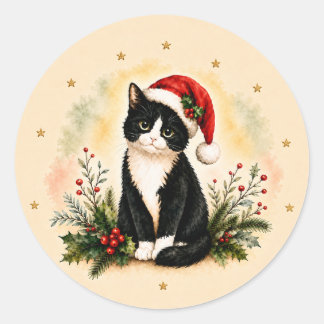 タキシードを着たクリスマス猫のサンタ帽姿 ラウンドシール