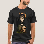 タキシードキャットとドクロ - かわいいゴシック風の墓地デザイン Tシャツ (正面)