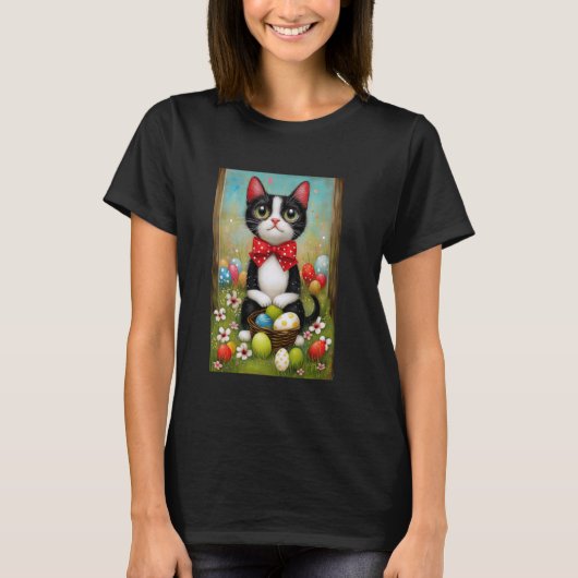 タキシードキャットのイースターTシャツ - かごを持つ子猫 Tシャツ (正面)