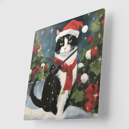 タキシードキャットのクリスマス雪景色 スクエア壁時計 (傾斜)