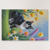 タキシードキャットの春の花の絵 ジグソーパズル (横)