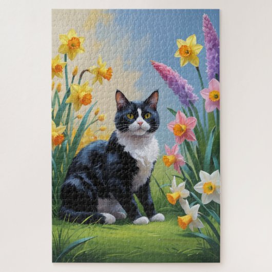 タキシードキャットの春の花の絵 ジグソーパズル (縦)