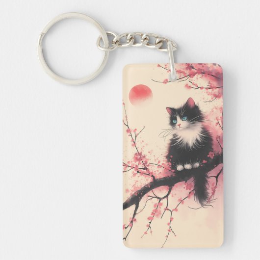タキシードキャットオンさくらんぼの花日本のの美学 キーホルダー (正面)