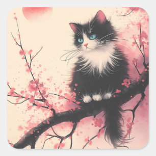 タキシードキャットオンさくらんぼの花日本のの美学 スクエアシール