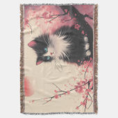 タキシードキャットオンさくらんぼの花日本のの美学 スローブランケット (正面縦)