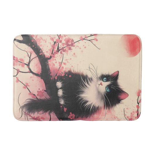 タキシードキャットオンさくらんぼの花日本のの美学 バスマット (正面)