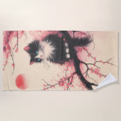 タキシードキャットオンさくらんぼの花日本のの美学 ビーチタオル (正面)