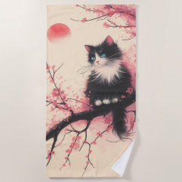 タキシードキャットオンさくらんぼの花日本のの美学 ビーチタオル