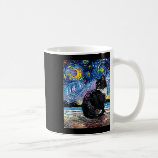 タキシードキャットオンビーチ星空の夜印象派アート コーヒーマグカップ (右)