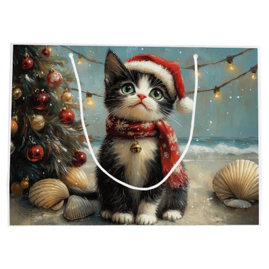 タキシードキャットクリスマスヴィンテージビーチ ラージペーパーバッグ (裏面)