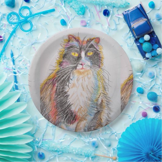 タキシードキャットスケッチアートバースデーパーティー紙プレート ペーパープレート (パーティー)
