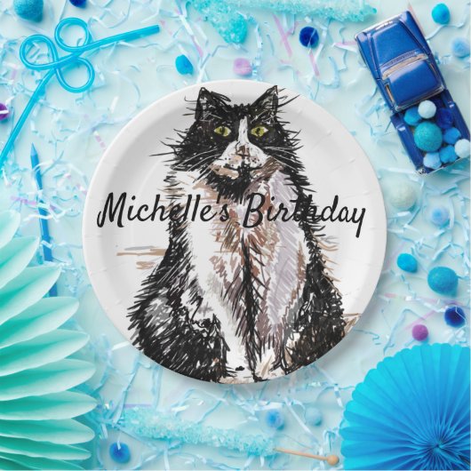 タキシードキャットスケッチアートバースデーパーティー紙プレート ペーパープレート (パーティー)