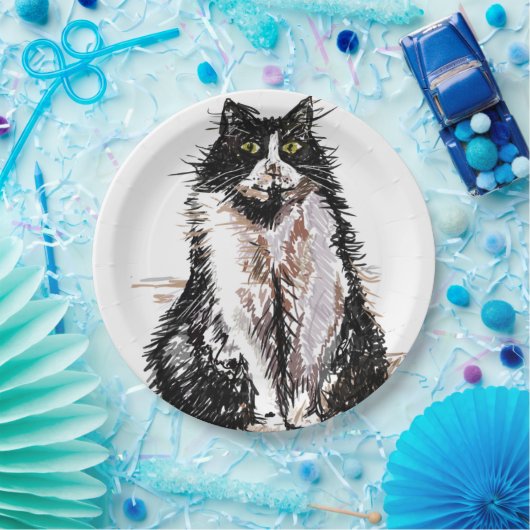 タキシードキャットスケッチアートバースデーパーティー紙プレート ペーパープレート (パーティー)