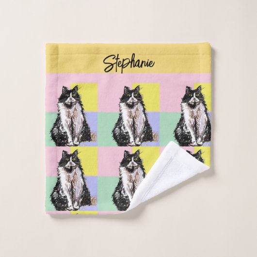 タキシードキャットパステルカラーズピンクガールズキッズ名 ウォッシュタオル (ウォッシュタオル)