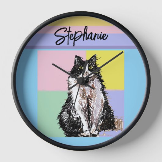 タキシードキャットパステルカラーズピンクガールズ名 壁時計 (正面)