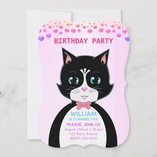 タキシードキャットボーイの誕生日パーティー招待状 招待状 (正面)