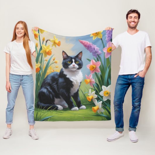 タキシードキャット 春の花の絵画 フリースブランケット (インサイチュ)