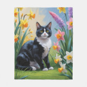 タキシードキャット 春の花の絵画 フリースブランケット (正面)