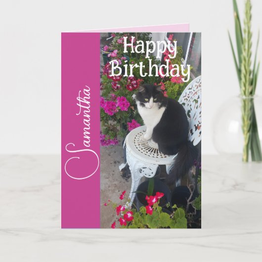 タキシードキャット 猫と花の女の子 名前 誕生日 カード (正面)