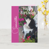タキシードキャット 猫と花の女の子 名前 誕生日 カード (黄色い花)