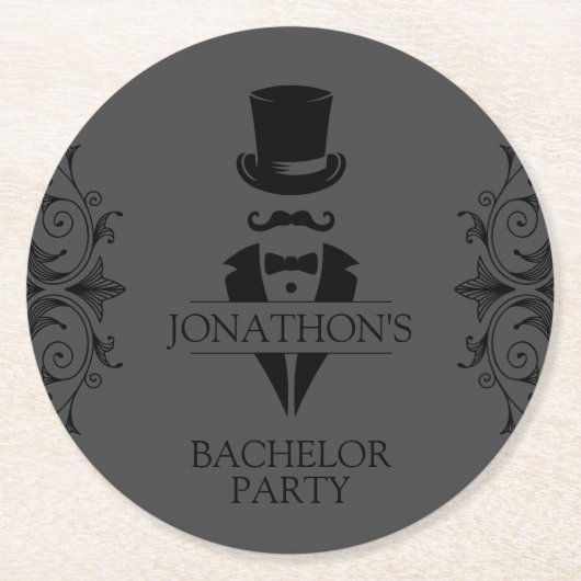 タキシードバチュラーパーティグレイ ラウンドペーパーコースター (正面)