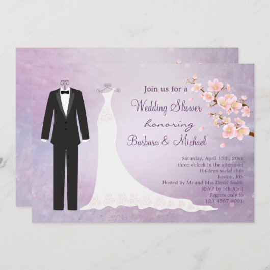 タキシード及びガウンの桜のカップルのブライダルシャワー 招待状 (正面/裏面)
