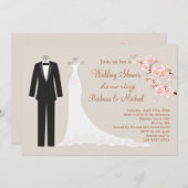 タキシード及びガウンの桜のカップルのブライダルシャワー 招待状 (正面/裏面)
