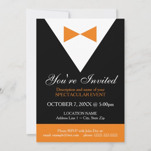 タキシード招待状|黒とオレンジのフォーマルパーティー 招待状 (正面)