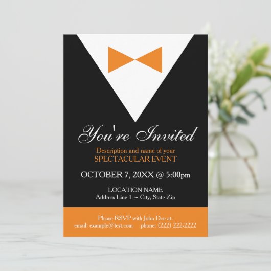 タキシード招待状|黒とオレンジのフォーマルパーティー 招待状 (スタンド正面)