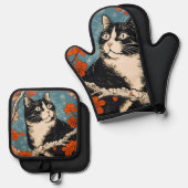 タキシード日本の絵画猫 鍋つかみ&鍋敷きセット (正面/裏面)