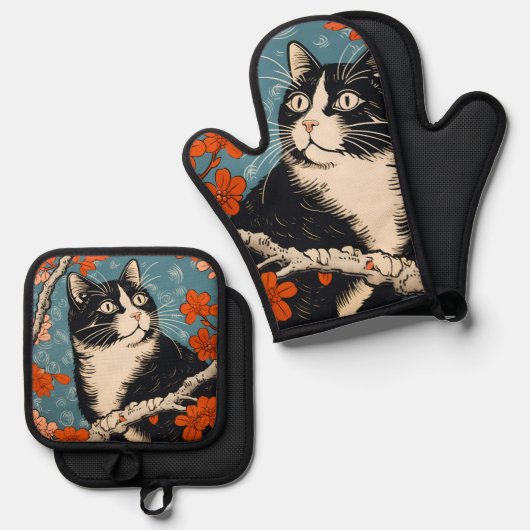 タキシード日本の絵画猫 鍋つかみ&鍋敷きセット (正面/裏面)