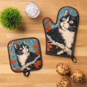 タキシード日本の絵画猫 鍋つかみ&鍋敷きセット (トップダウン)