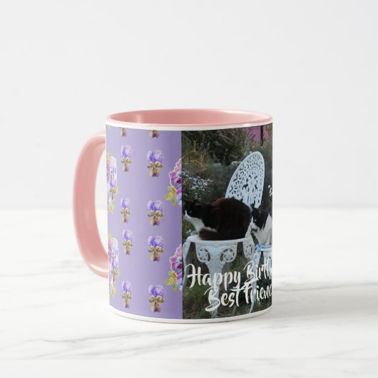 タキシード猫おもしろいハッピーバースデーフレンドMugパープル マグカップ (正面左)