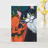 タキシード猫および微笑のカボチャランタン カード (黄色い花)