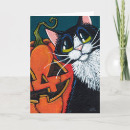 タキシード猫および微笑のカボチャランタン カード