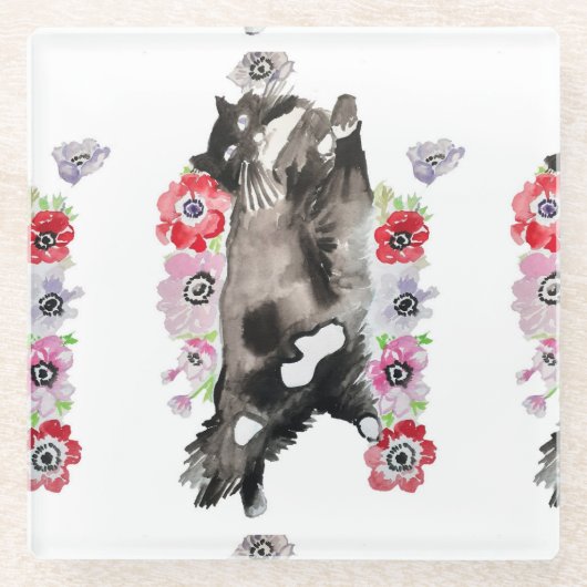 タキシード猫かわいいかわいらし花猫水色 ガラスコースター (正面)