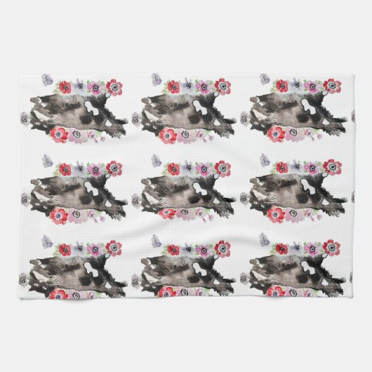 タキシード猫かわいいかわいらし花猫水色 キッチンタオル (横)