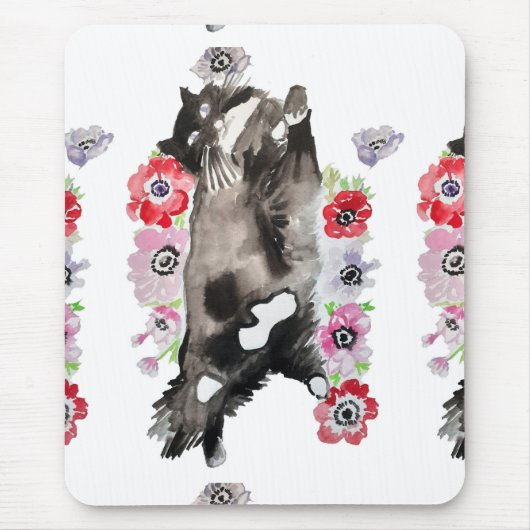 タキシード猫かわいいかわいらし花猫水色 マウスパッド (正面)