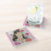 タキシード猫かわいいバラ花猫水彩バラ ガラスコースター (アングル)