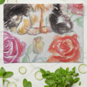 タキシード猫かわいいバラ花猫水彩バラ キッチンタオル (折り畳み)