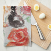 タキシード猫かわいいバラ花猫水彩バラ キッチンタオル (四つ折り)