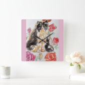 タキシード猫かわいいバラ花猫水彩バラ スクエア壁時計 (ホーム)