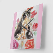 タキシード猫かわいいバラ花猫水彩バラ スクエア壁時計 (傾斜)