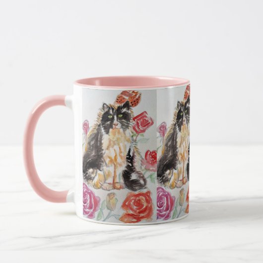 タキシード猫かわいいバラ花猫水彩バラ マグカップ (左)