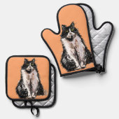 タキシード猫かわいい猫たち白黒パステルオレンジ 鍋つかみ&鍋敷きセット (正面/裏面)