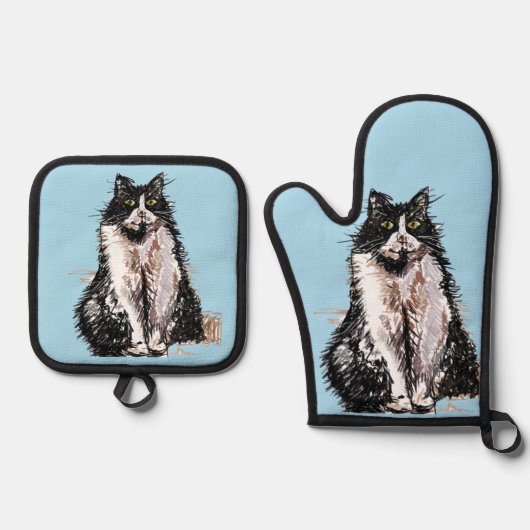 タキシード猫かわいい猫たち白黒パステルブルー 鍋つかみ&鍋敷きセット (正面)
