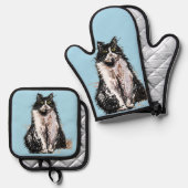 タキシード猫かわいい猫たち白黒パステルブルー 鍋つかみ&鍋敷きセット (正面/裏面)